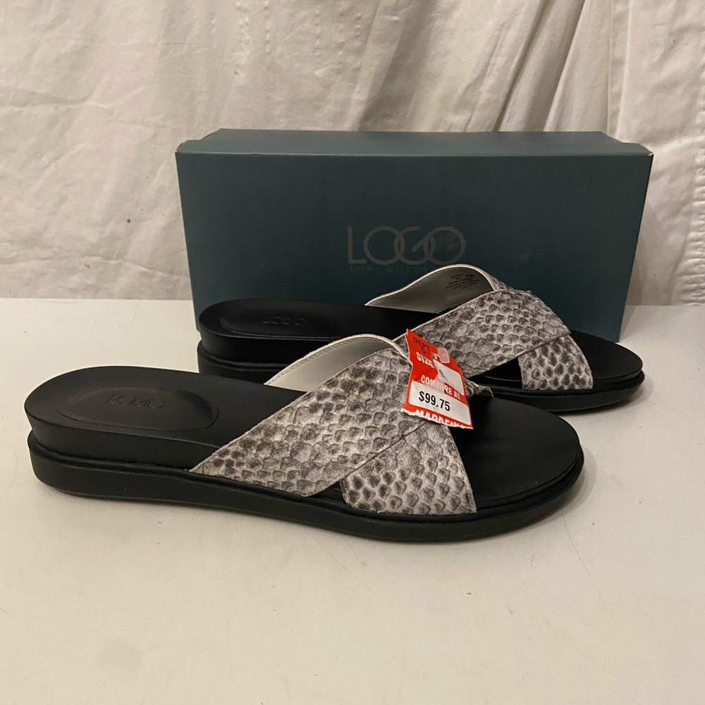 LOGO snakeskin print gray/white slide on sandals 9